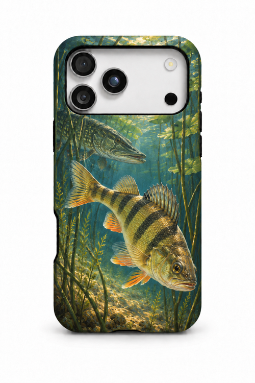 Yellow perch evading a northern pike in a freshwater weed bed on a phone case