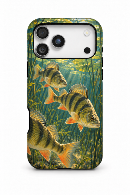 Three yellow perch turning together through aquatic plants on a phone case