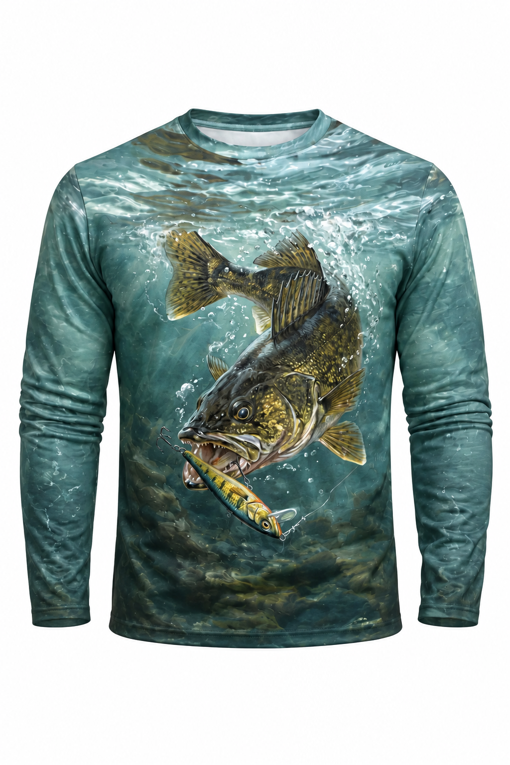 Cold Teal Walleye Front & Back fishing long sleeve — front view