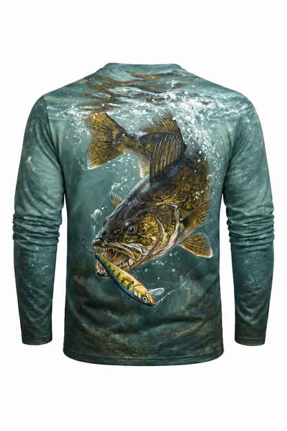 Cold Teal Walleye Front & Back fishing long sleeve — back view