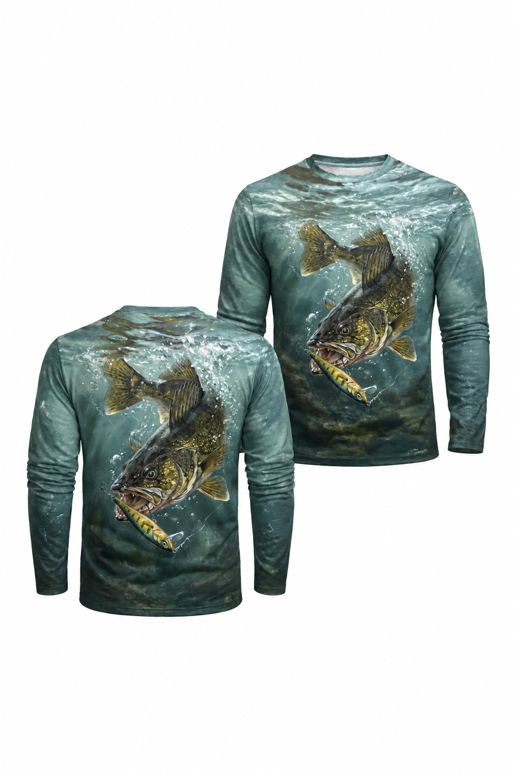 Cold Teal Walleye Front & Back — both shirt views