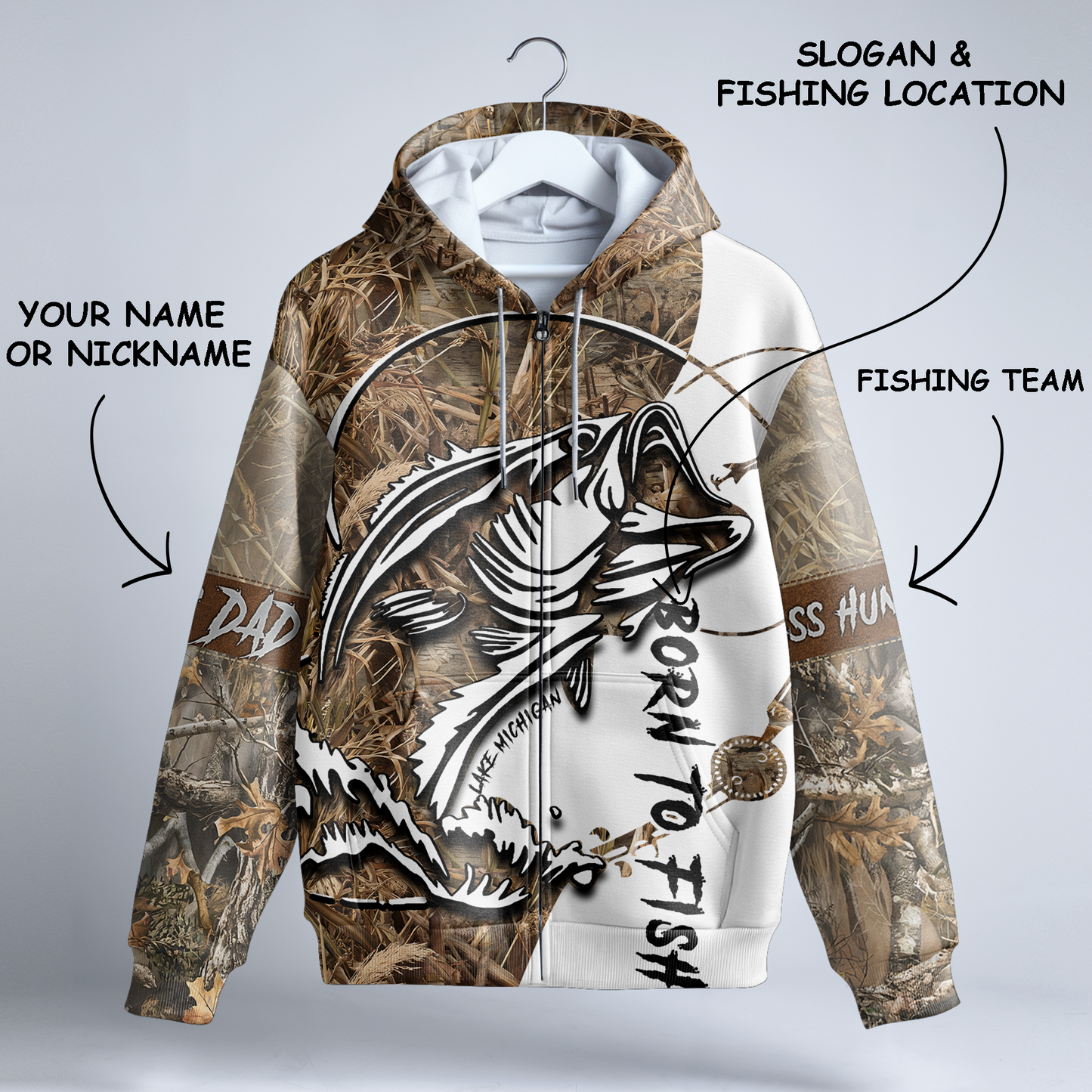 Born To Fish Personalized Bass Zip Hoodie