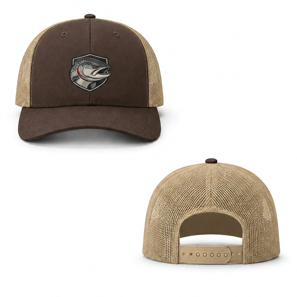 Trout Shield Trucker Cap - brown khaki
