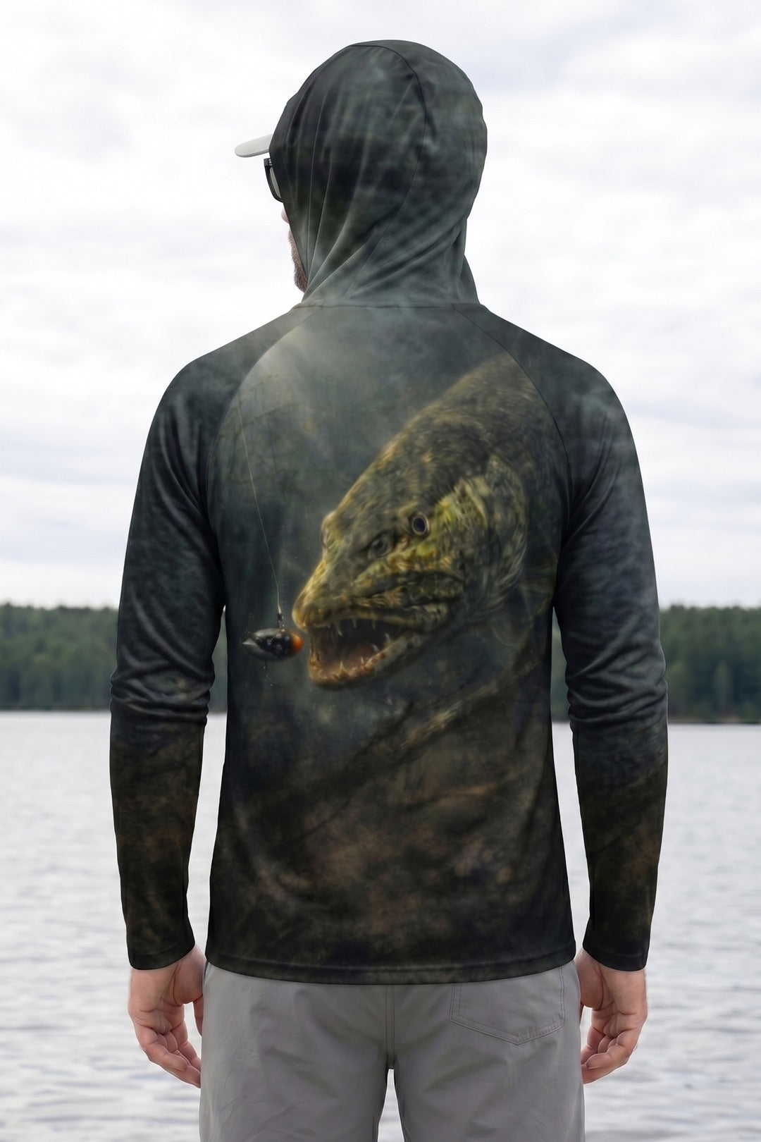 AirLite Fishing Sun Hoodie - Deep Stealth Pike - MHL04 lifestyle artwork side
