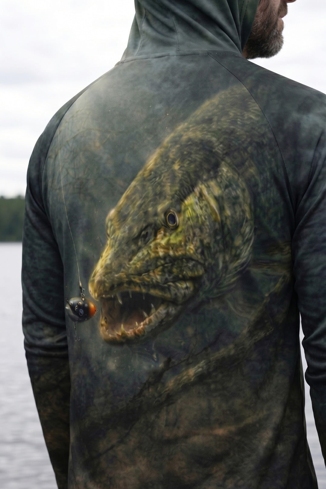 AirLite Fishing Sun Hoodie - Deep Stealth Pike - MHL04 lifestyle artwork zoom
