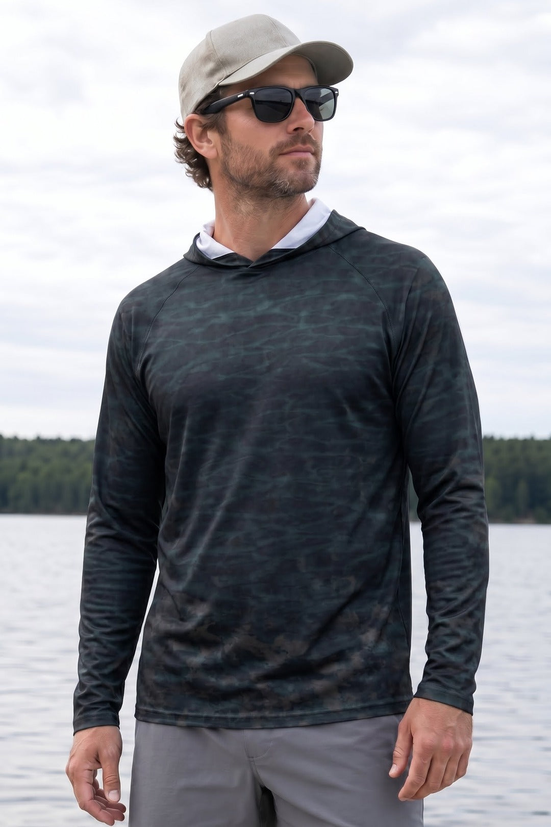 AirLite Fishing Sun Hoodie - Deep Stealth Pike - MHL04 lifestyle opposite side