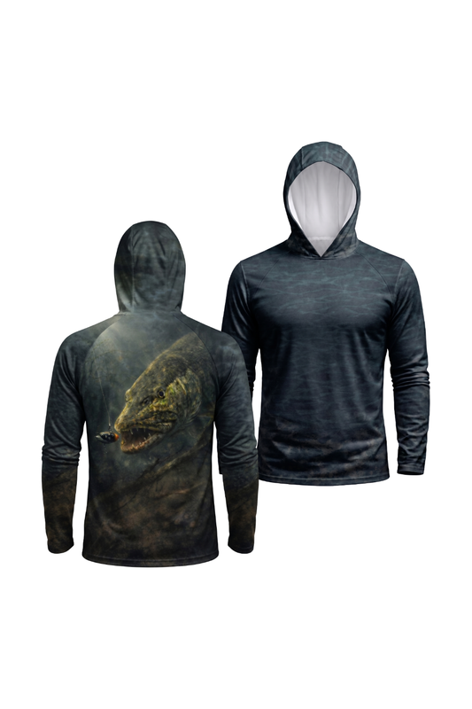 AirLite Fishing Sun Hoodie - Deep Stealth Pike - MHL04 two shirts front artwork