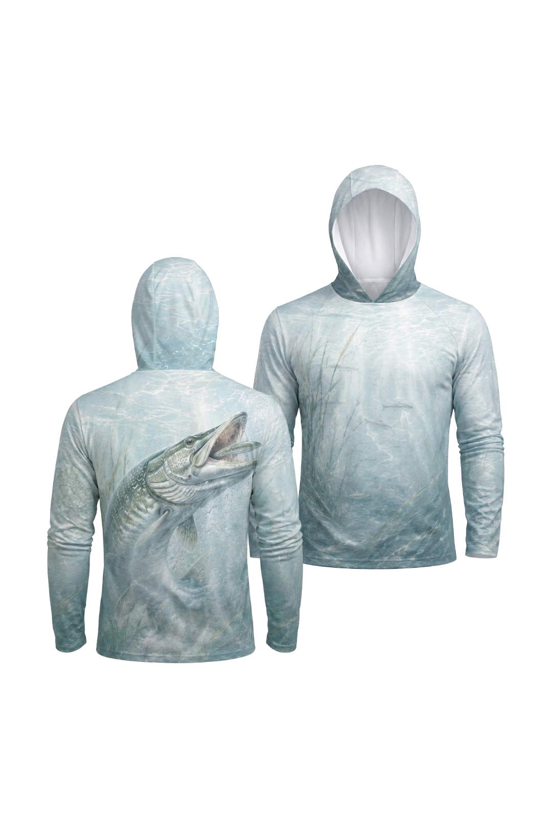 AirLite Fishing Sun Hoodie - Ghost Bay Musky - MHL011 two shirts front artwork