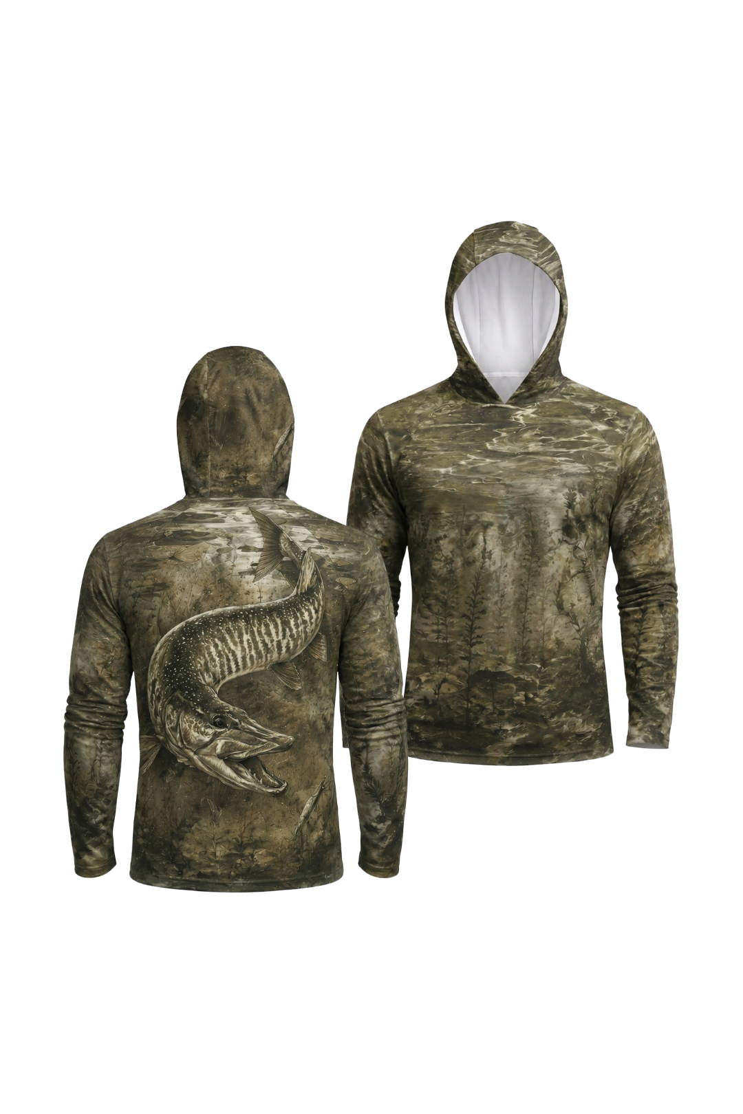 AirLite Fishing Sun Hoodie - Ghost Reed Musky - MHL013 two shirts front artwork