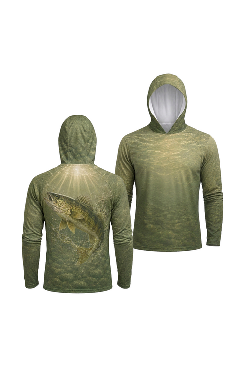 AirLite Fishing Sun Hoodie - Greenback Walleye - MHL017 two shirts front artwork