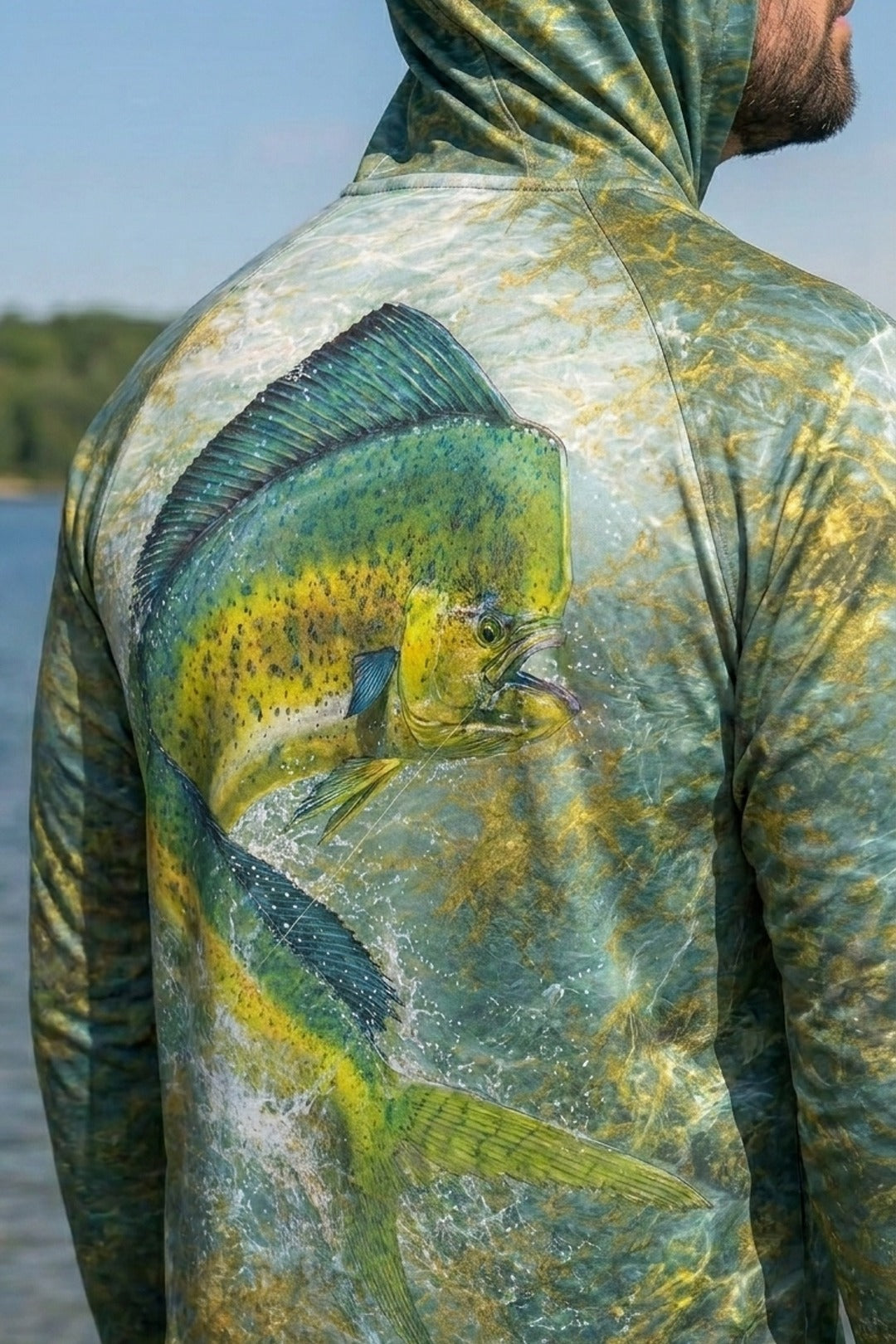 AirLite Fishing Sun Hoodie - Mahi mahi Gold Rush - MHL015 lifestyle artwork zoom