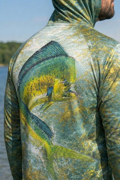 AirLite Fishing Sun Hoodie - Mahi mahi Gold Rush - MHL015 lifestyle artwork zoom