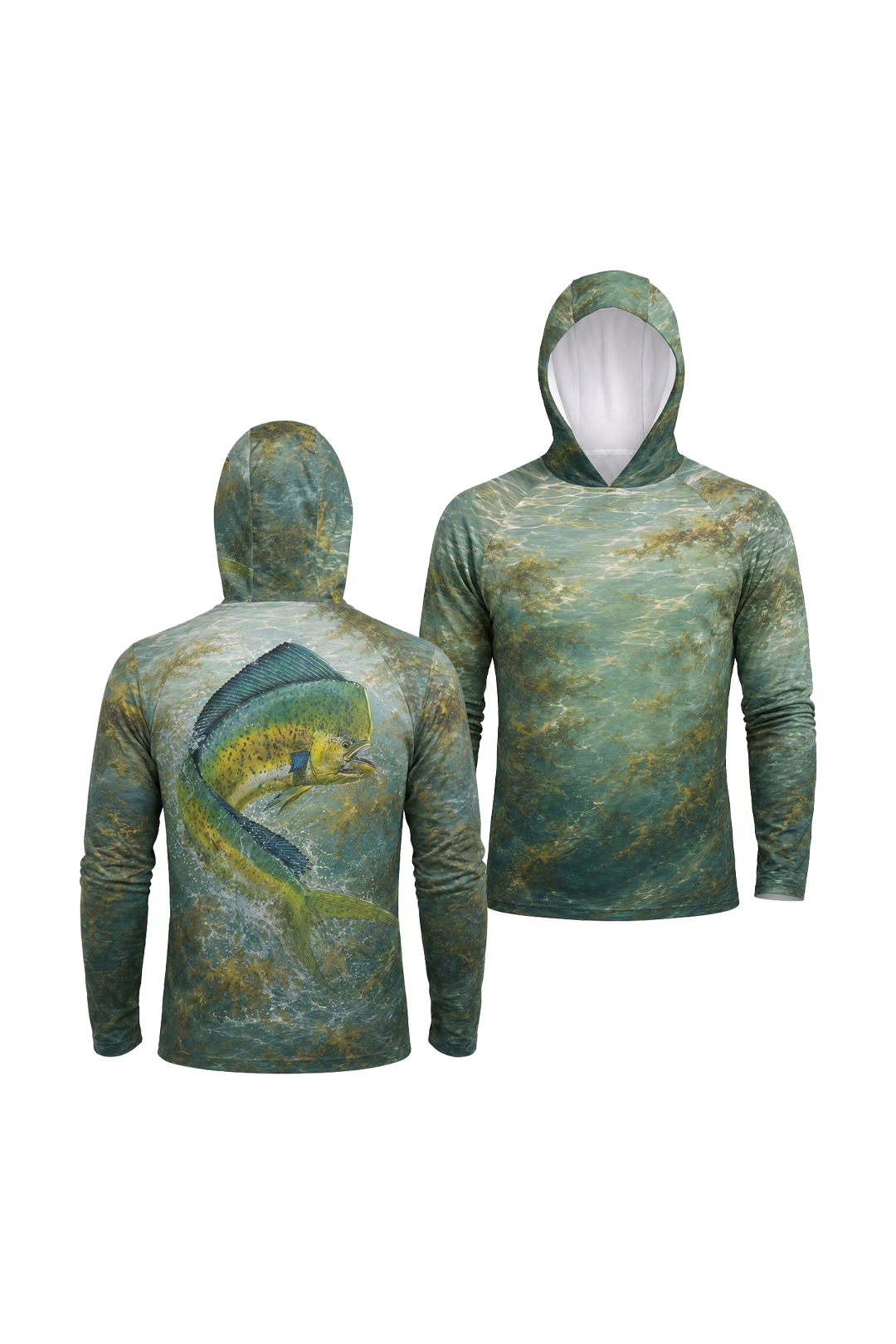 AirLite Fishing Sun Hoodie - Mahi mahi Gold Rush - MHL015 two shirts front artwork