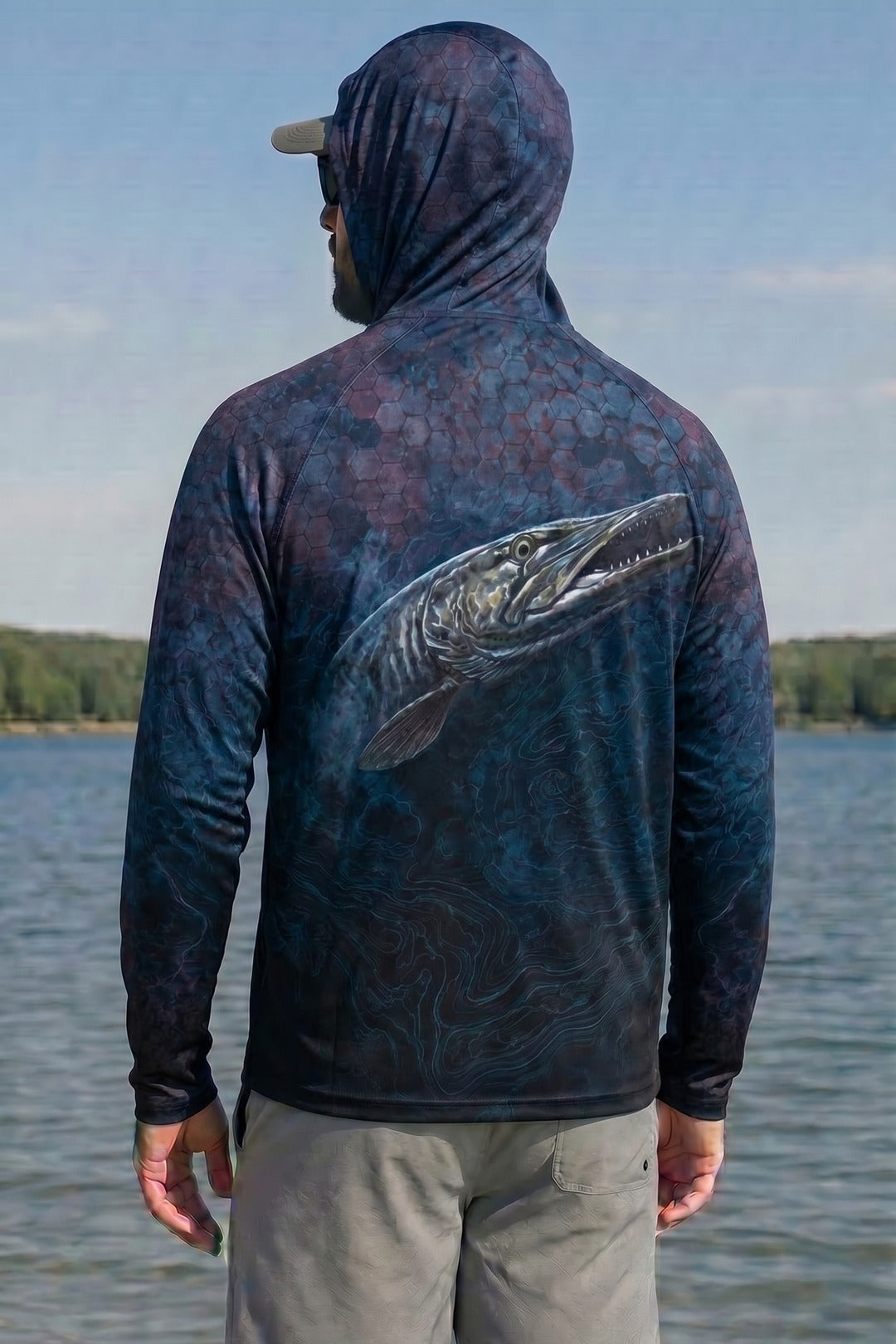 AirLite Fishing Sun Hoodie - Midnight Depth Muskie - MHL007 lifestyle artwork side
