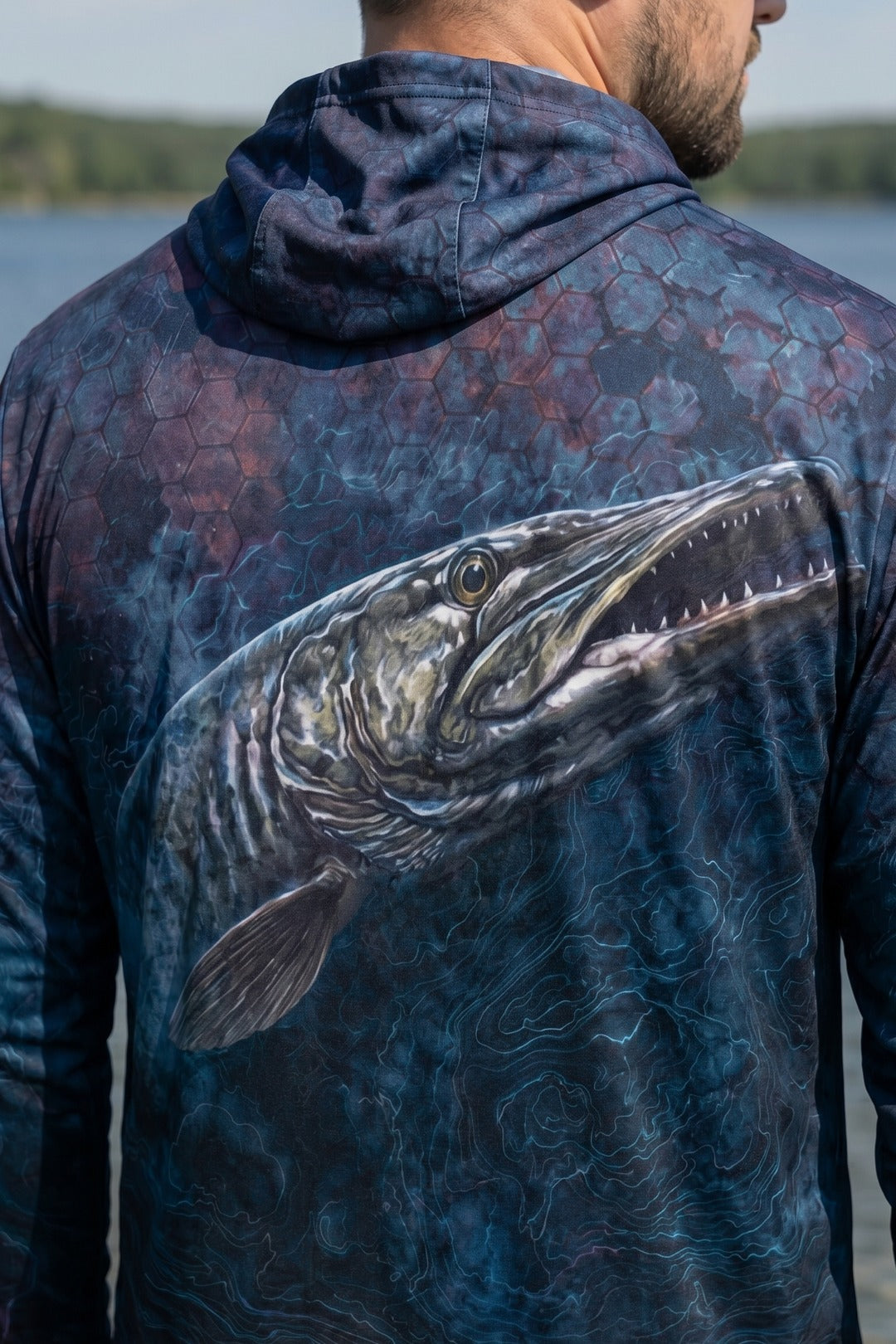 AirLite Fishing Sun Hoodie - Midnight Depth Muskie - MHL007 lifestyle artwork zoom