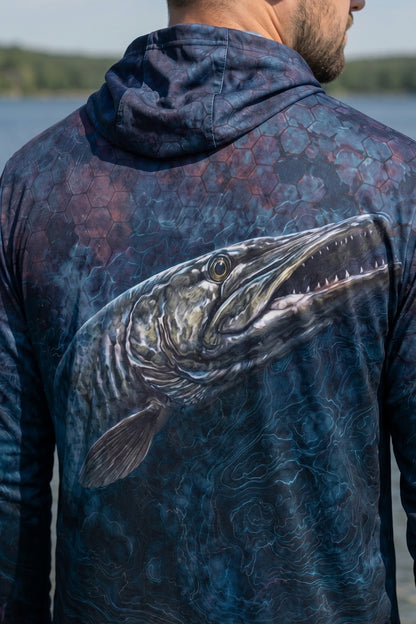 AirLite Fishing Sun Hoodie - Midnight Depth Muskie - MHL007 lifestyle artwork zoom