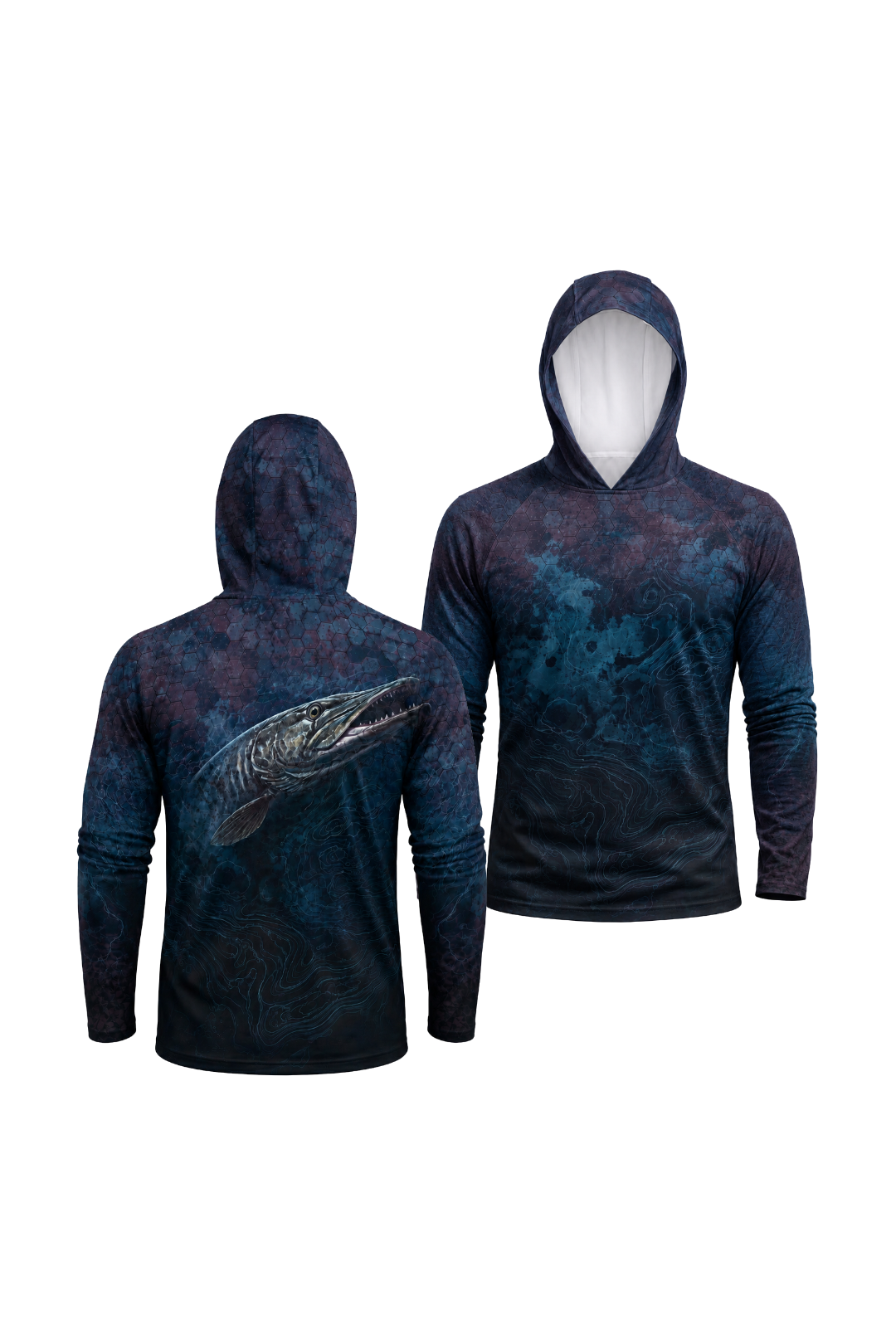 AirLite Fishing Sun Hoodie - Midnight Depth Muskie - MHL007 two shirts front artwork