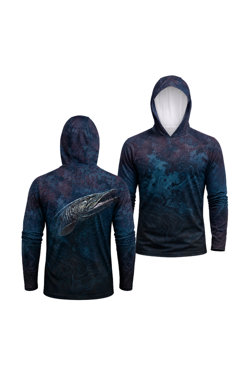 AirLite Fishing Sun Hoodie - Midnight Depth Muskie - MHL007 two shirts front artwork