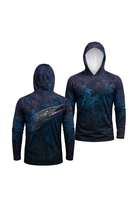 AirLite Fishing Sun Hoodie - Midnight Depth Muskie - MHL007 two shirts front artwork