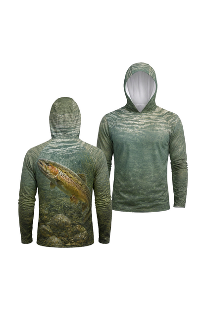 AirLite Fishing Sun Hoodie - Rainbow Trout Currentline - MHL016 two shirts front artwork
