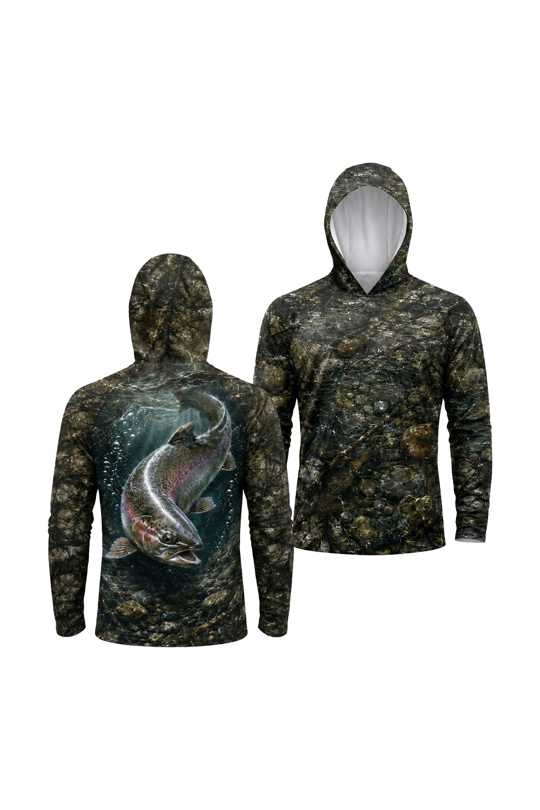 AirLite Fishing Sun Hoodie - Rapid Trout Timber - MHL018 two shirts front artwork