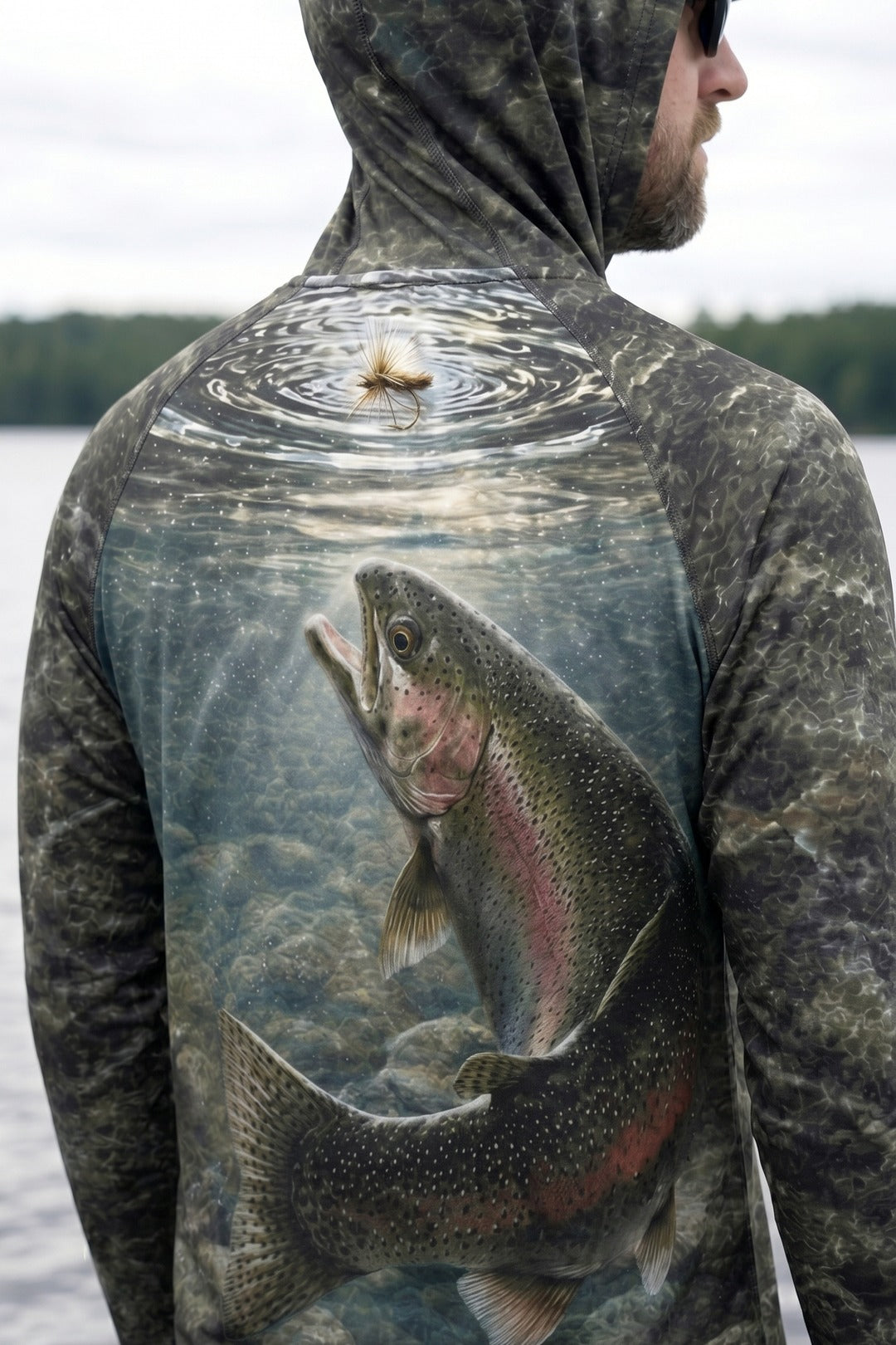 AirLite Fishing Sun Hoodie - River Trout Strike - MHL009 lifestyle artwork zoom