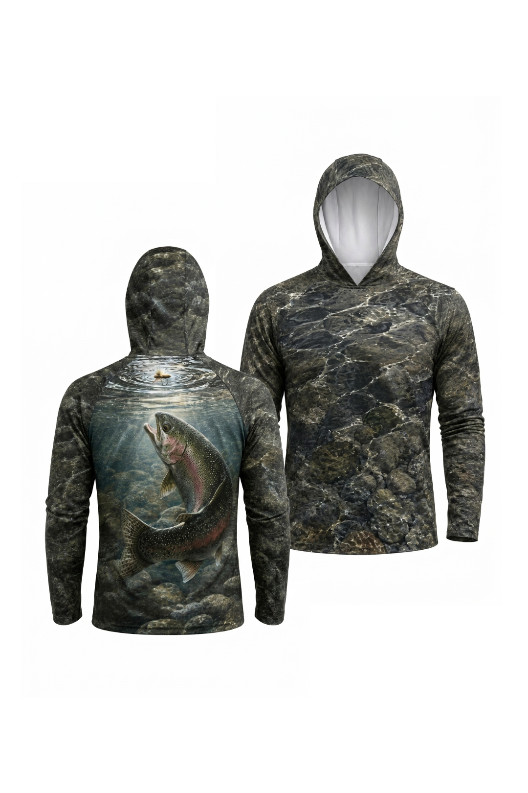 AirLite Fishing Sun Hoodie - River Trout Strike - MHL009 two shirts front artwork