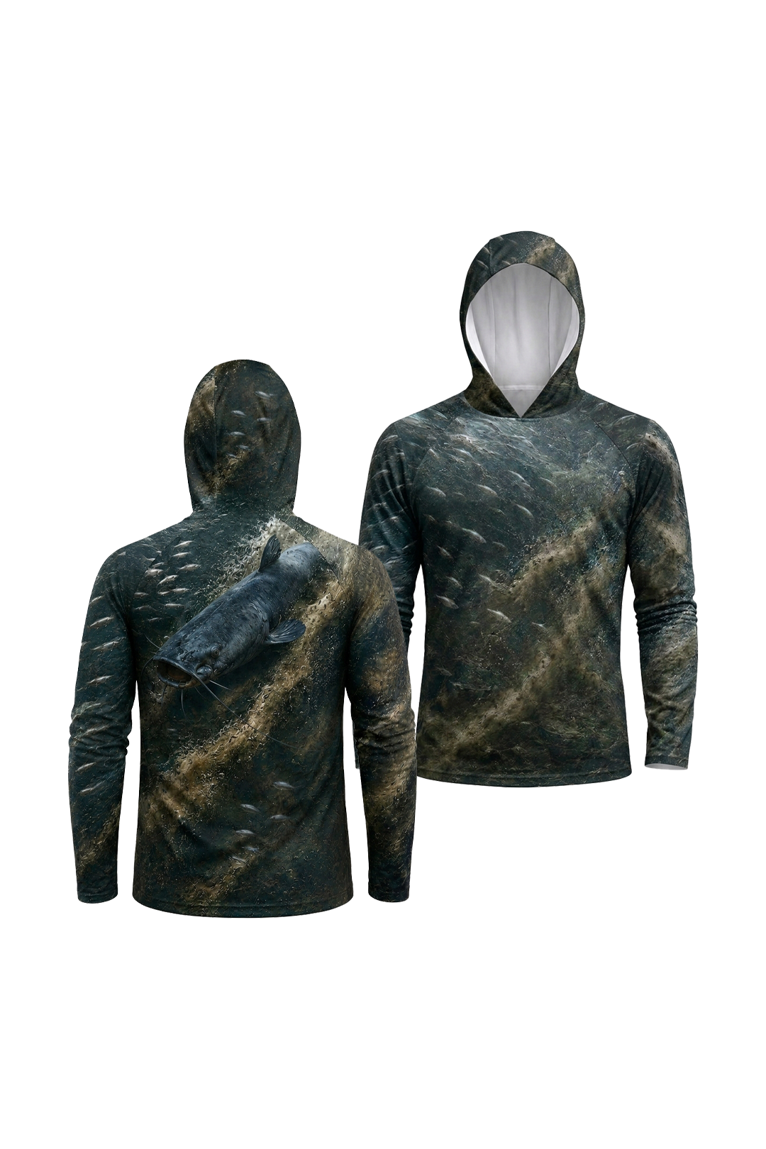 AirLite Fishing Sun Hoodie - Shad Ball Breaker Blue Catfish - MHL020 two shirts front artwork