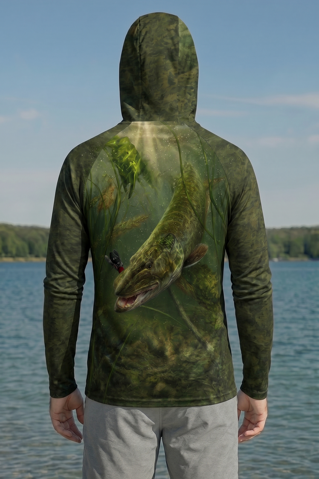 AirLite Fishing Sun Hoodie - Shallow Ambush Muskie - MHL014 lifestyle artwork side