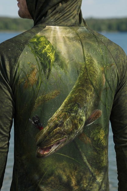 AirLite Fishing Sun Hoodie - Shallow Ambush Muskie - MHL014 lifestyle artwork zoom