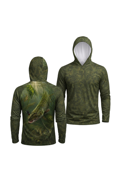 AirLite Fishing Sun Hoodie - Shallow Ambush Muskie - MHL014 two shirts front artwork