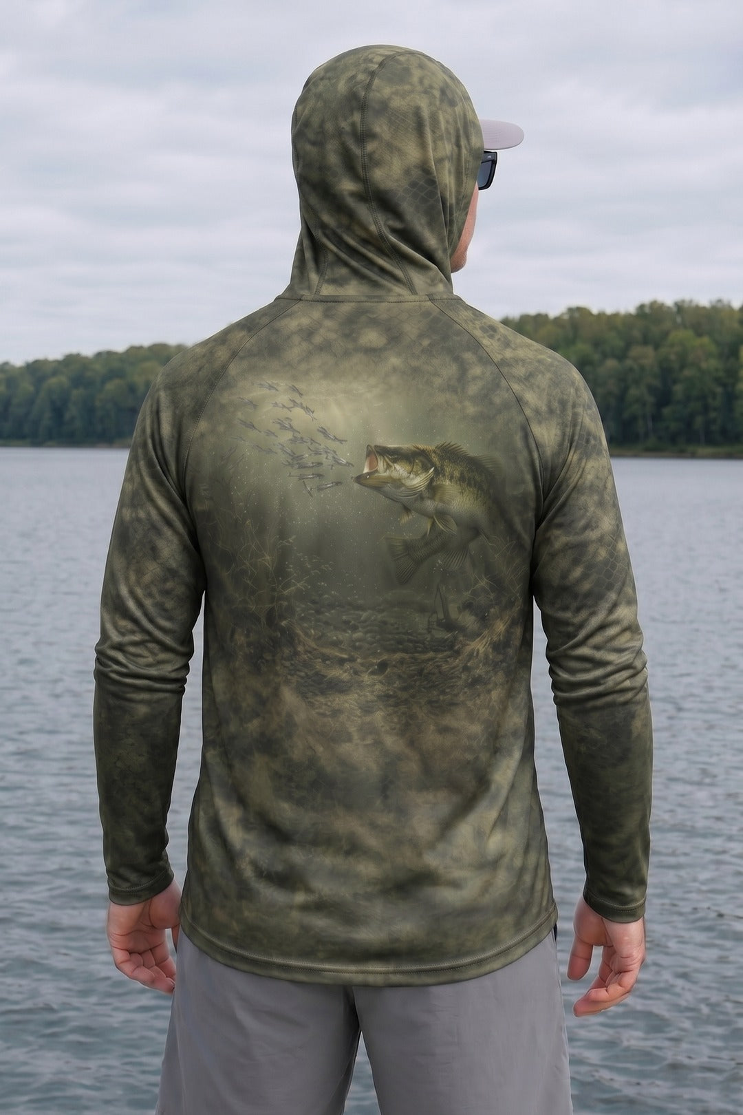 AirLite Fishing Sun Hoodie - Timber Bass Sunray - MHL002 lifestyle artwork side