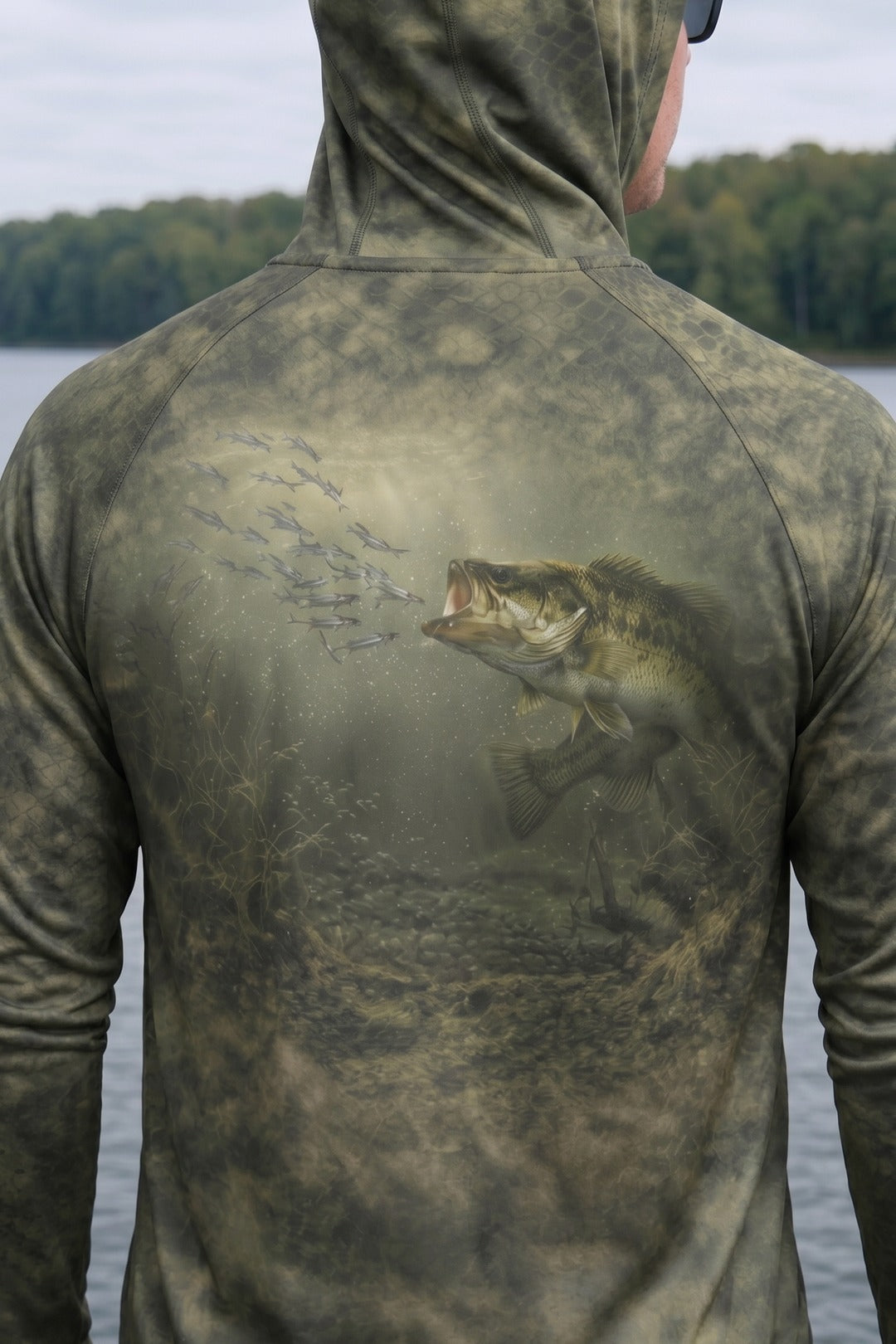 AirLite Fishing Sun Hoodie - Timber Bass Sunray - MHL002 lifestyle artwork zoom