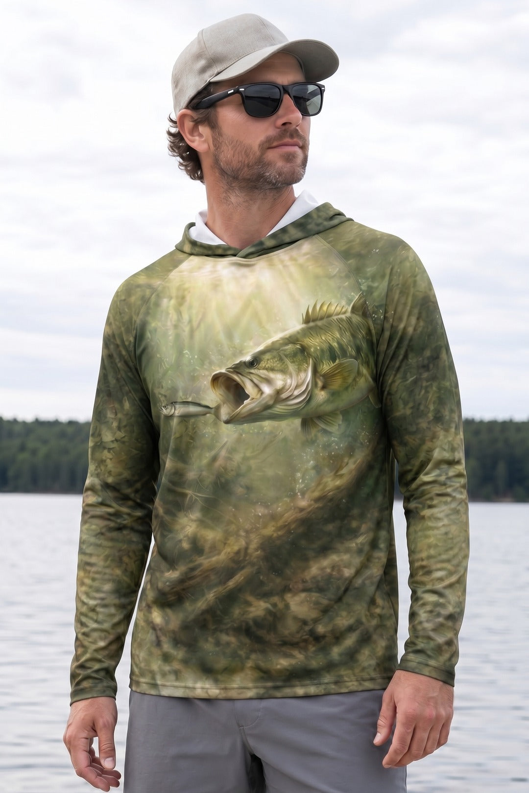 AirLite Fishing Sun Hoodie - Timber Bass Sunray - MHL003 lifestyle artwork side