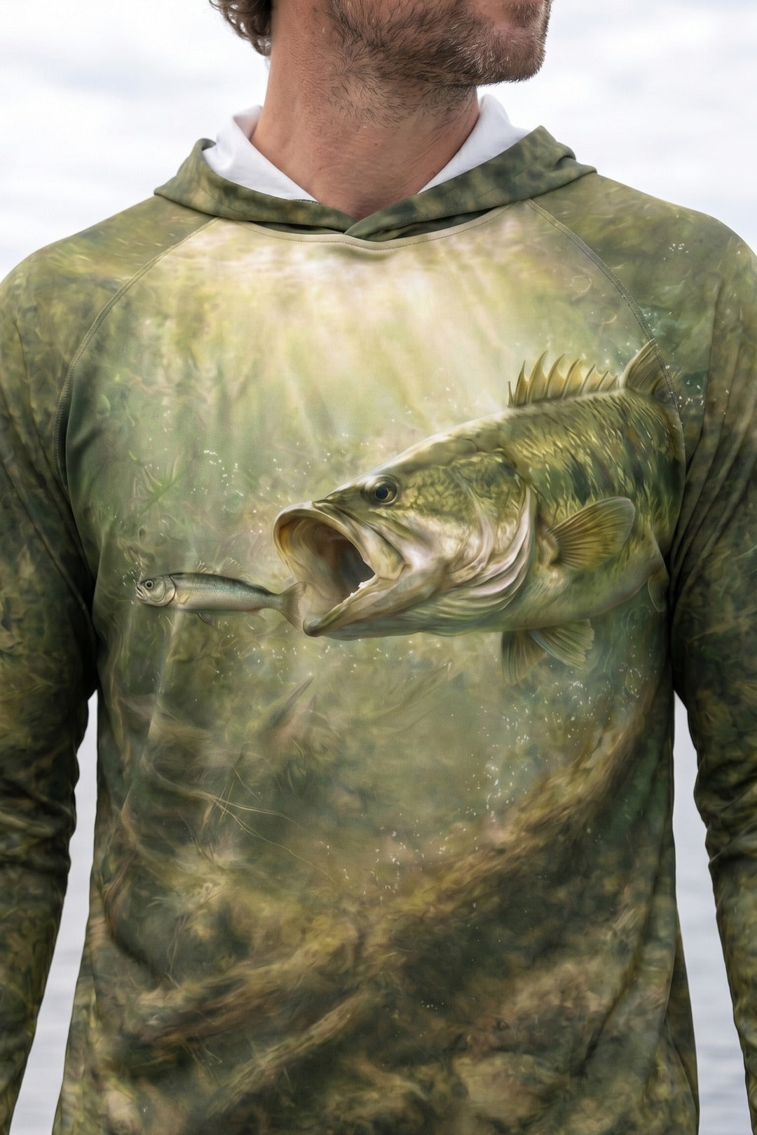 AirLite Fishing Sun Hoodie - Timber Bass Sunray - MHL003 lifestyle artwork zoom