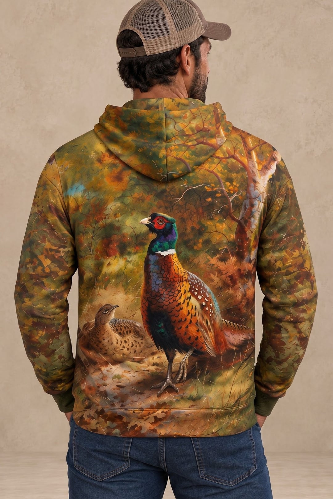 Performance Fleece-Lined Hoodie - Cock and hen pheasant in a woodland clearing image 3
