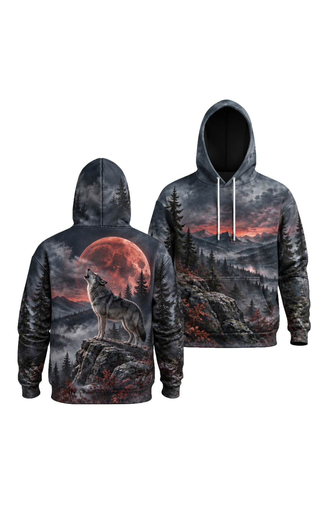 Performance Fleece-Lined Hoodie - Blood Moon Howling Wolf image 1