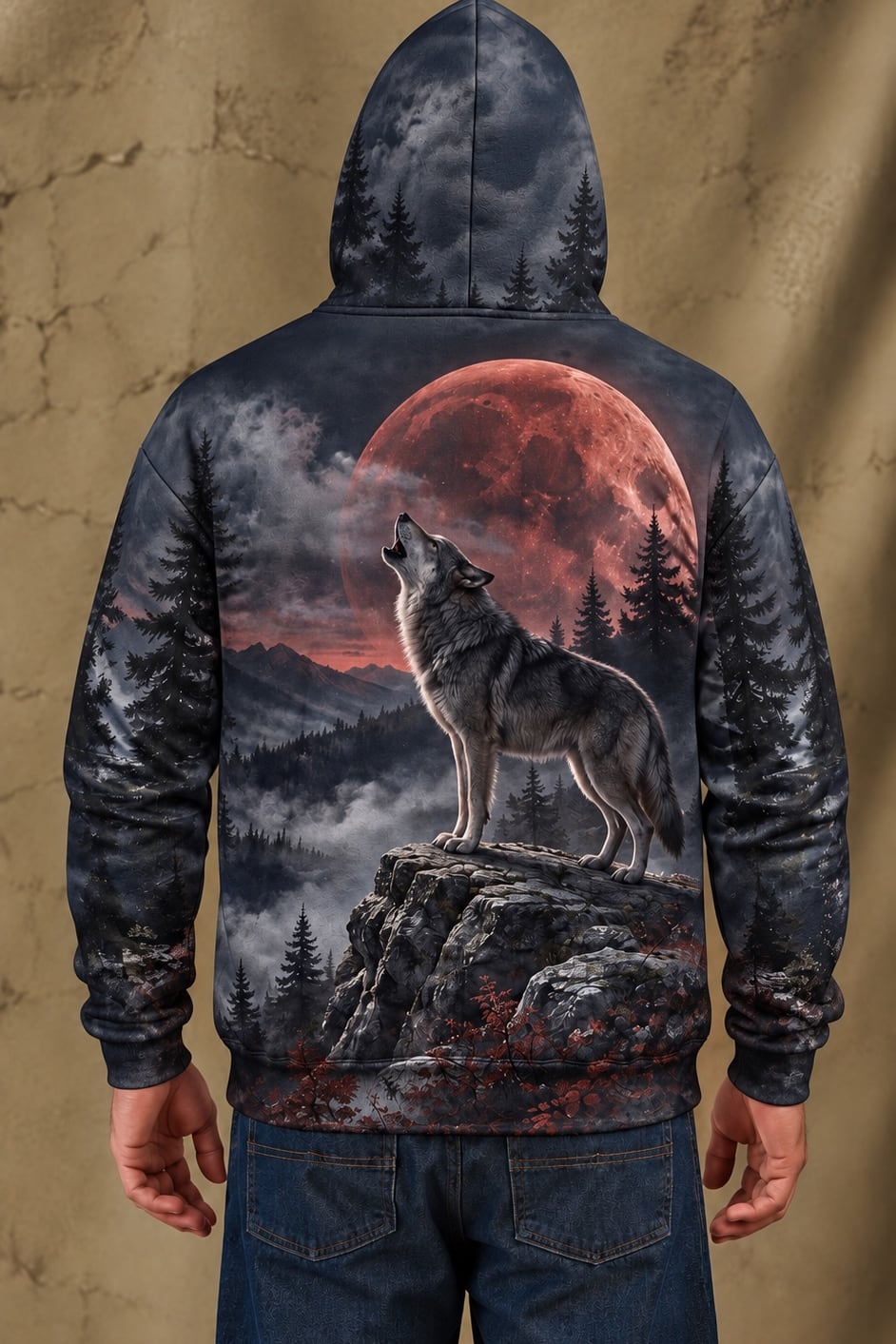 Performance Fleece-Lined Hoodie - Blood Moon Howling Wolf image 2