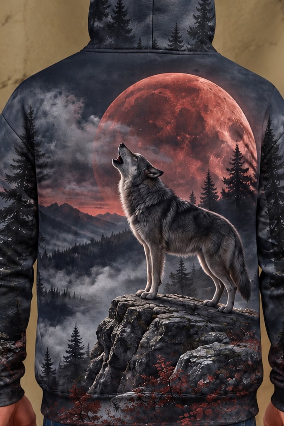 Performance Fleece-Lined Hoodie - Blood Moon Howling Wolf image 4