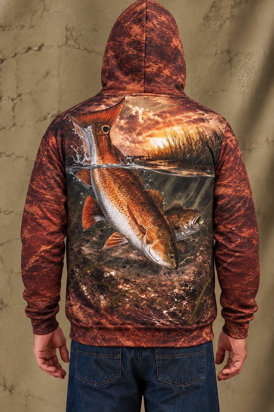 Performance Fleece-Lined Hoodie - Sunset Marsh Redfish Breach image 2