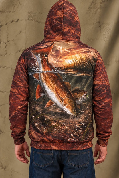 Performance Fleece-Lined Hoodie - Sunset Marsh Redfish Breach image 2