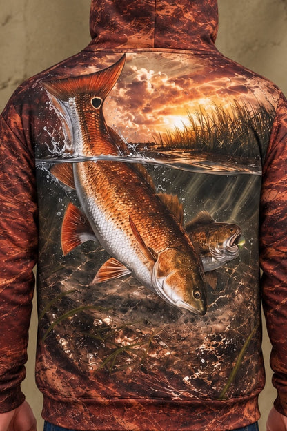 Performance Fleece-Lined Hoodie - Sunset Marsh Redfish Breach image 4