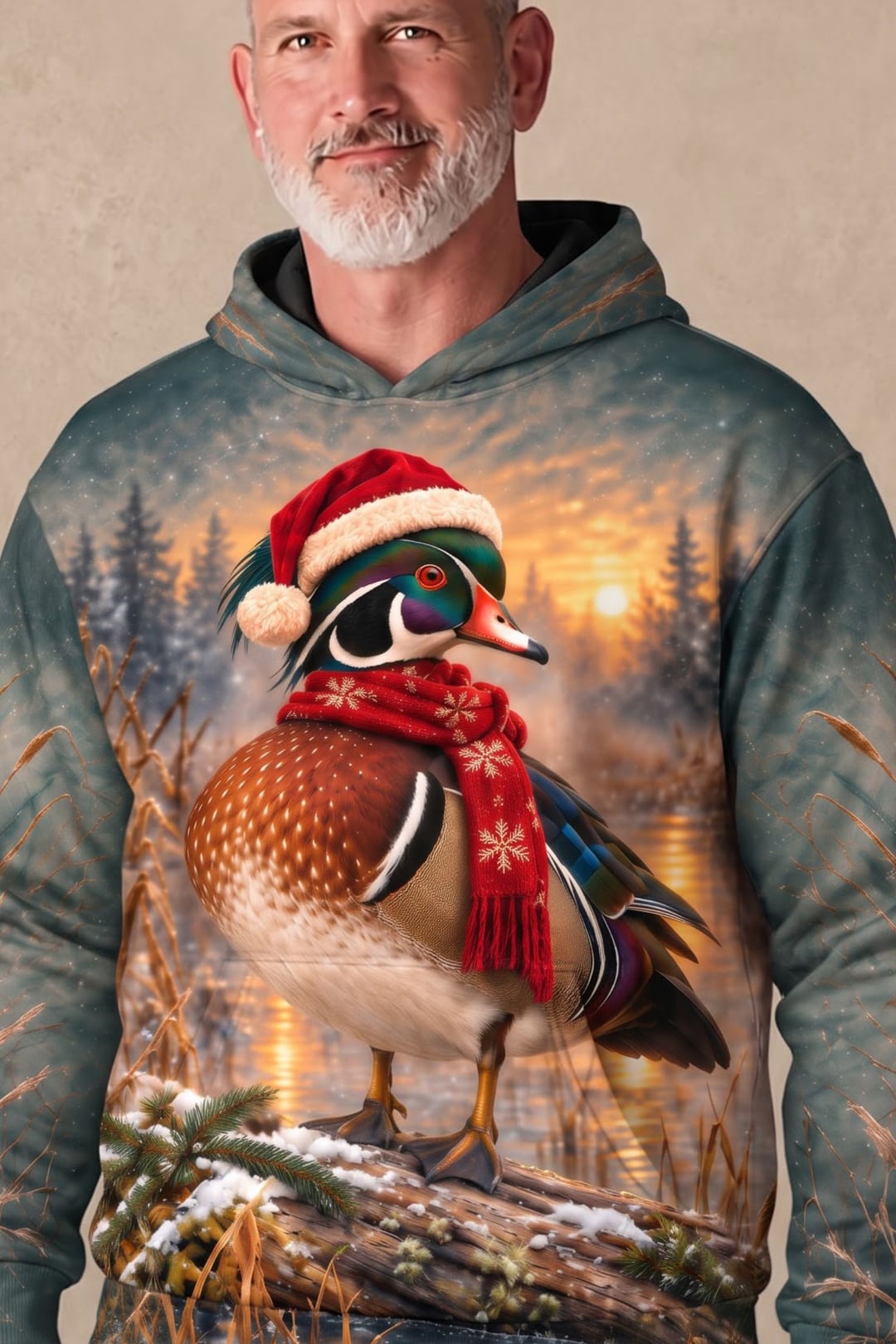 Performance Fleece-Lined Hoodie - Festive Wood Duck Timber Sunset image 4
