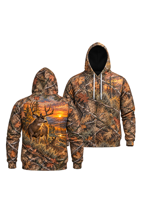 Performance Fleece-Lined Hoodie - Mule Deer Autumn Sunset Horizon image 1