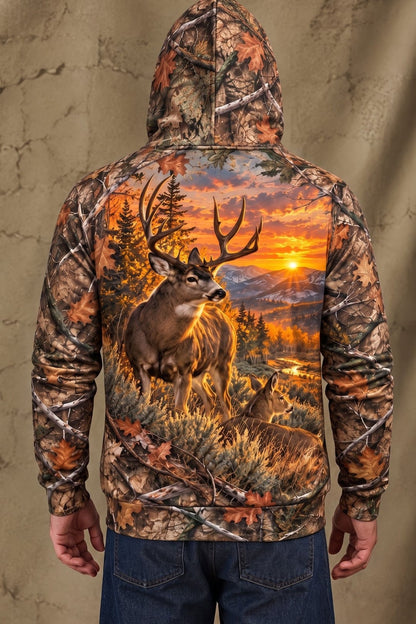 Performance Fleece-Lined Hoodie - Mule Deer Autumn Sunset Horizon image 2