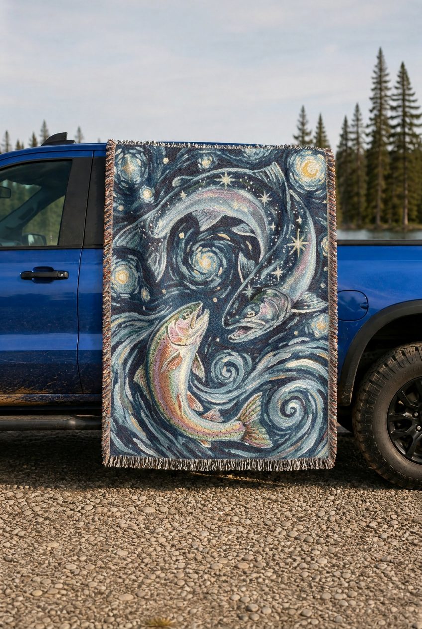 Celestial Trout Dance woven blanket lifestyle mockup 02