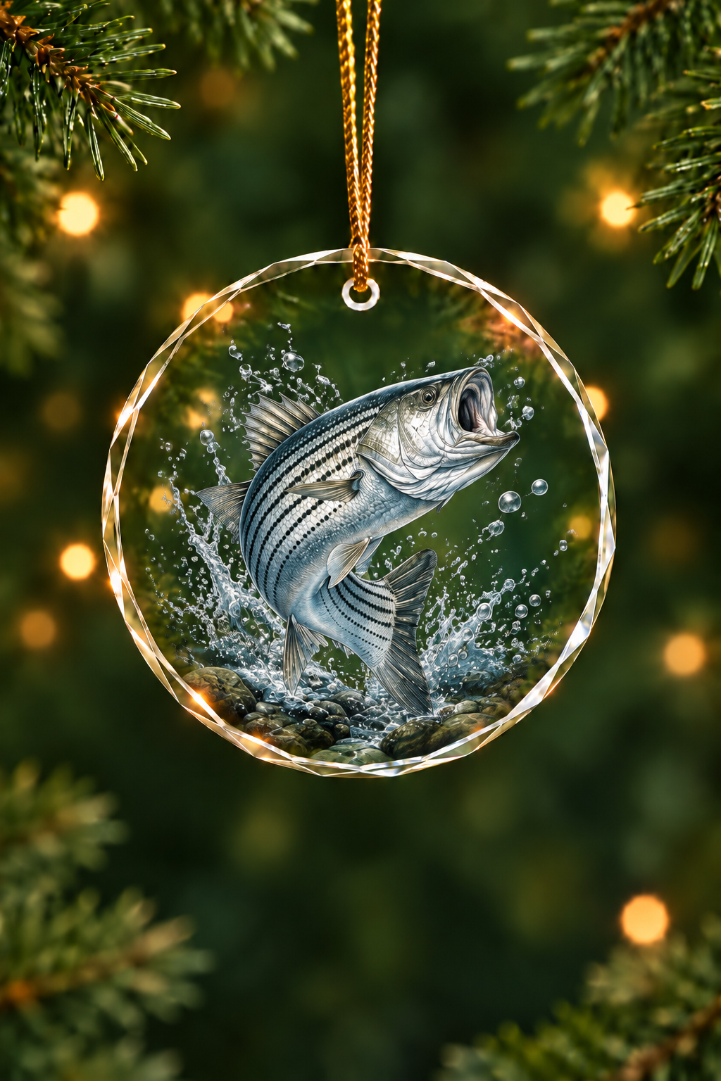 Rocky Water Striped Bass Strike - Glass Ornament image 1