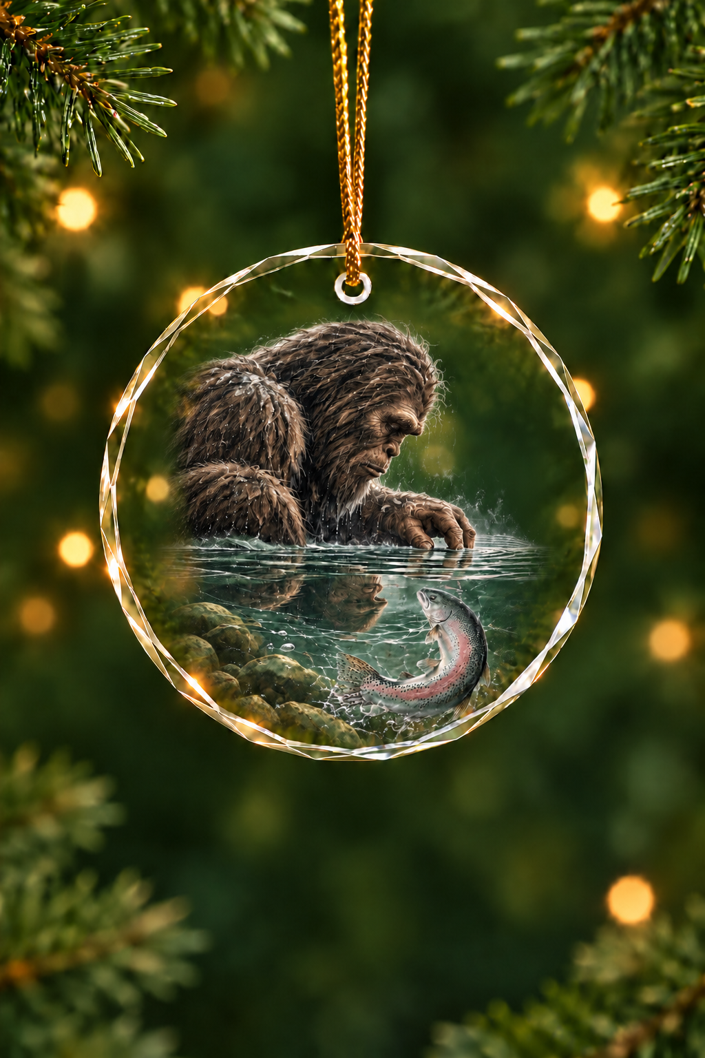 Bigfoot Trout Misty Stream - Glass Ornament image 1