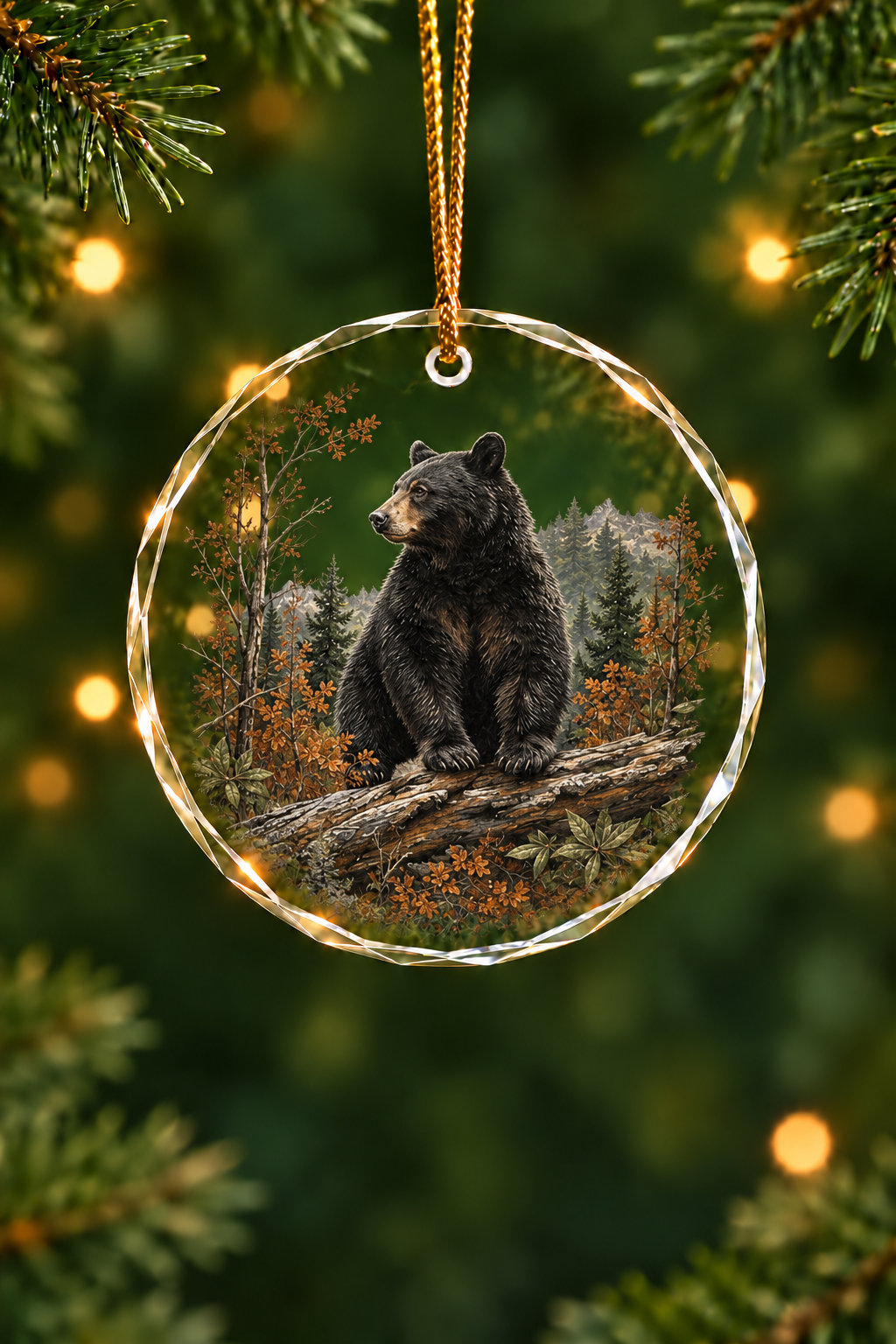 Autumn Forest Black Bear Watch - Glass Ornament image 1