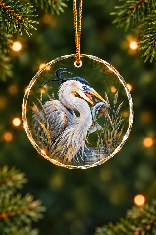 Blue Heron Marsh Strike - Glass Ornament image 1